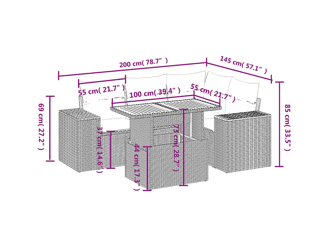 5 pcs conjunto sofás de jardim com almofadões vime PE preto PT122897