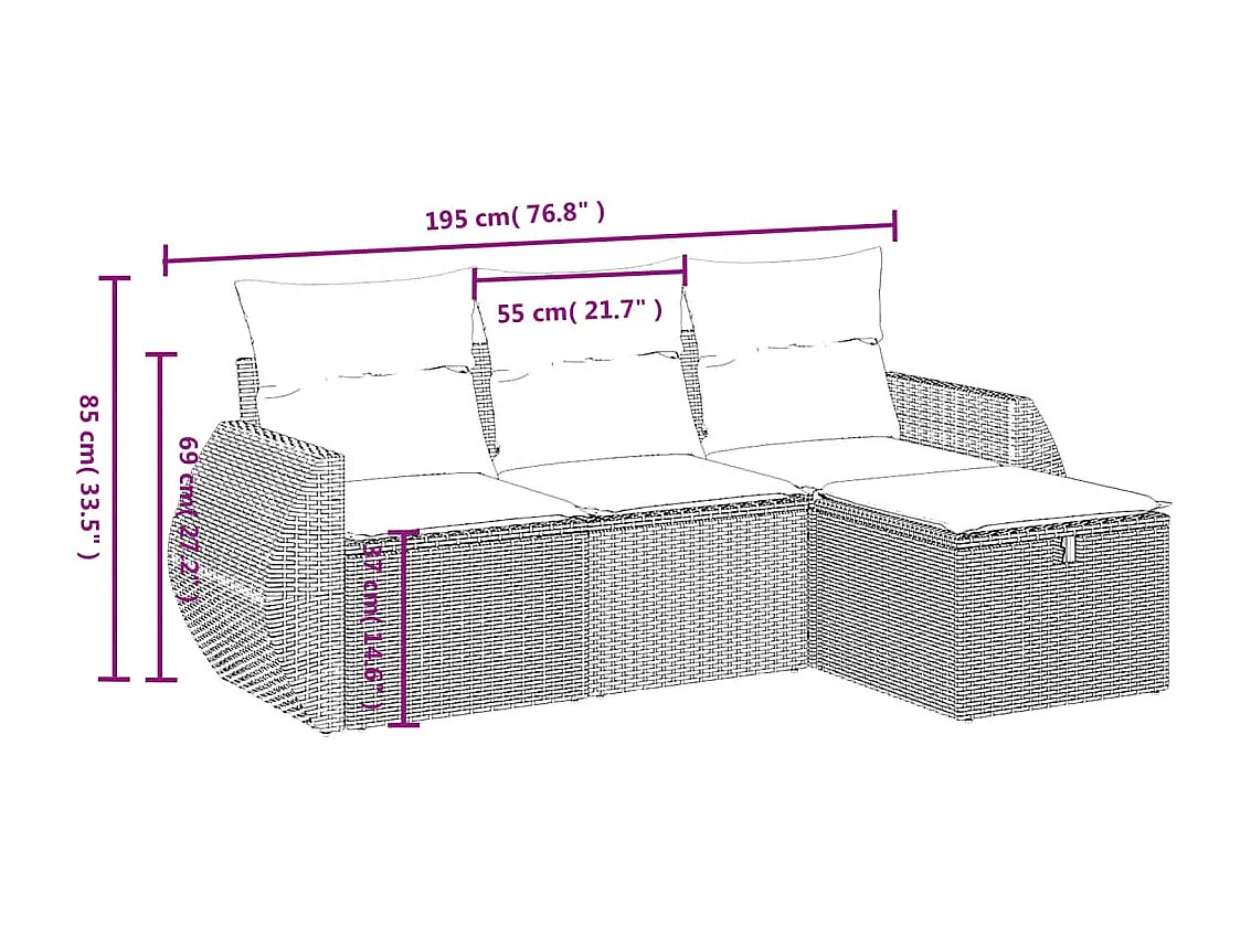 4 pcs conj. sofás jardim c/ almofadões vime PE bege misturado PT221487