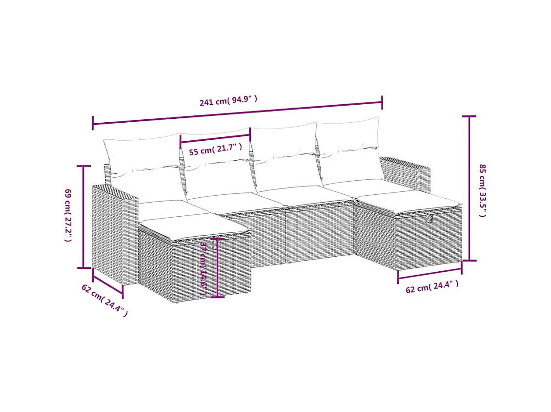 6 pcs conjunto sofás de jardim c/ almofadões vime PE preto PT999637