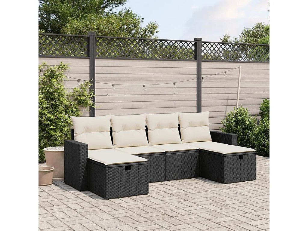 6 pcs conjunto sofás de jardim c/ almofadões vime PE preto PT999637