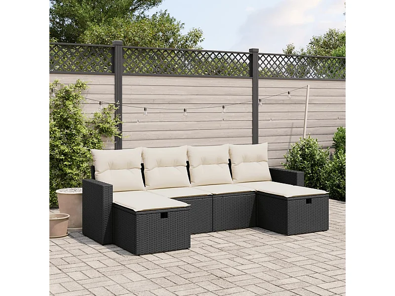 6 pcs conjunto sofás de jardim c/ almofadões vime PE preto PT999637