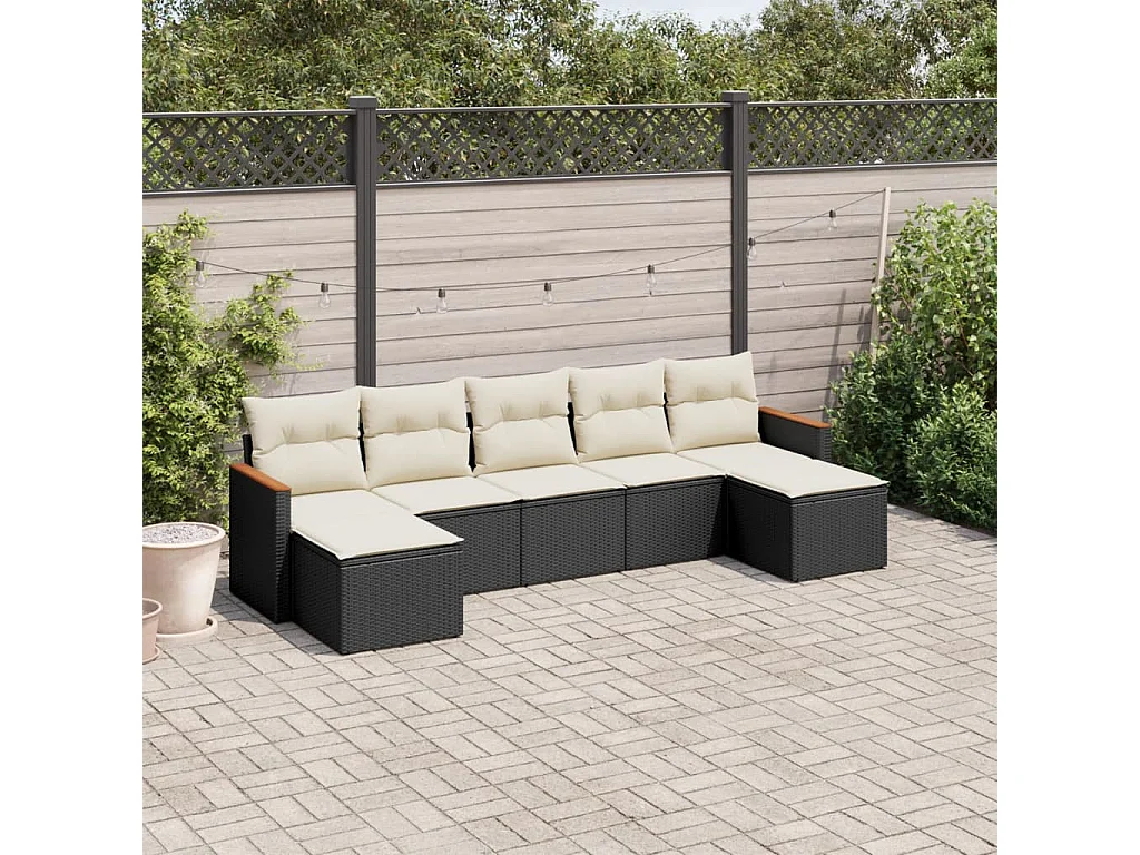 7 pcs conjunto de sofás p/ jardim c/ almofadões vime PE preto PT315501