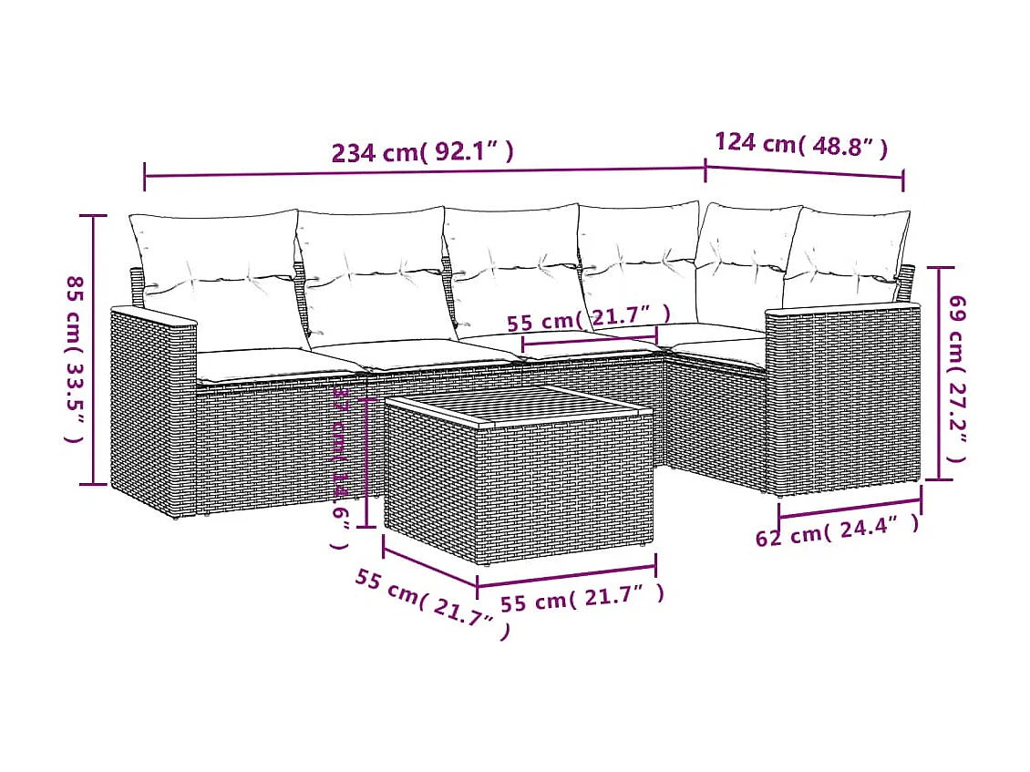 6 pcs conjunto sofás de jardim com almofadões vime cinzento PT698473