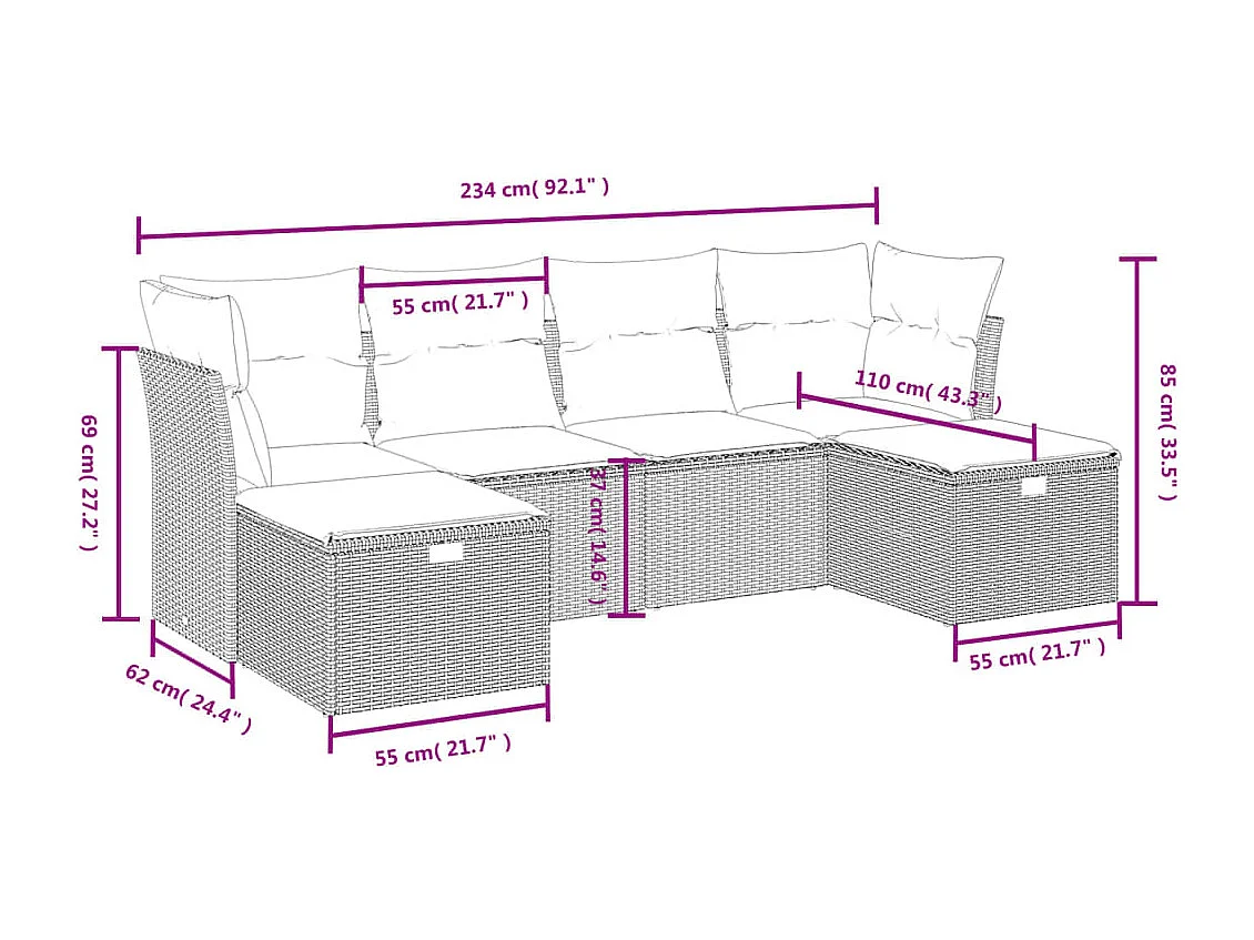 6 pcs conjunto de sofás jardim c/ almofadões vime PE castanho PT185067