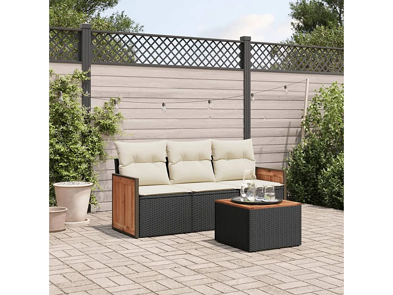 Salon de jardin 4 pcs avec coussins noir résine tressée FR10054