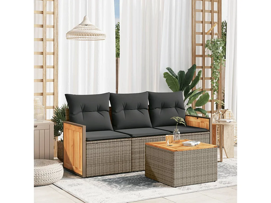Salon de jardin 4 pcs avec coussins gris résine tressée FR52199