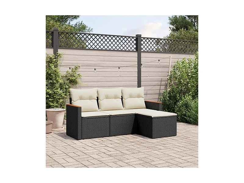 Salon de jardin 4 pcs avec coussins noir résine tressée FR55849