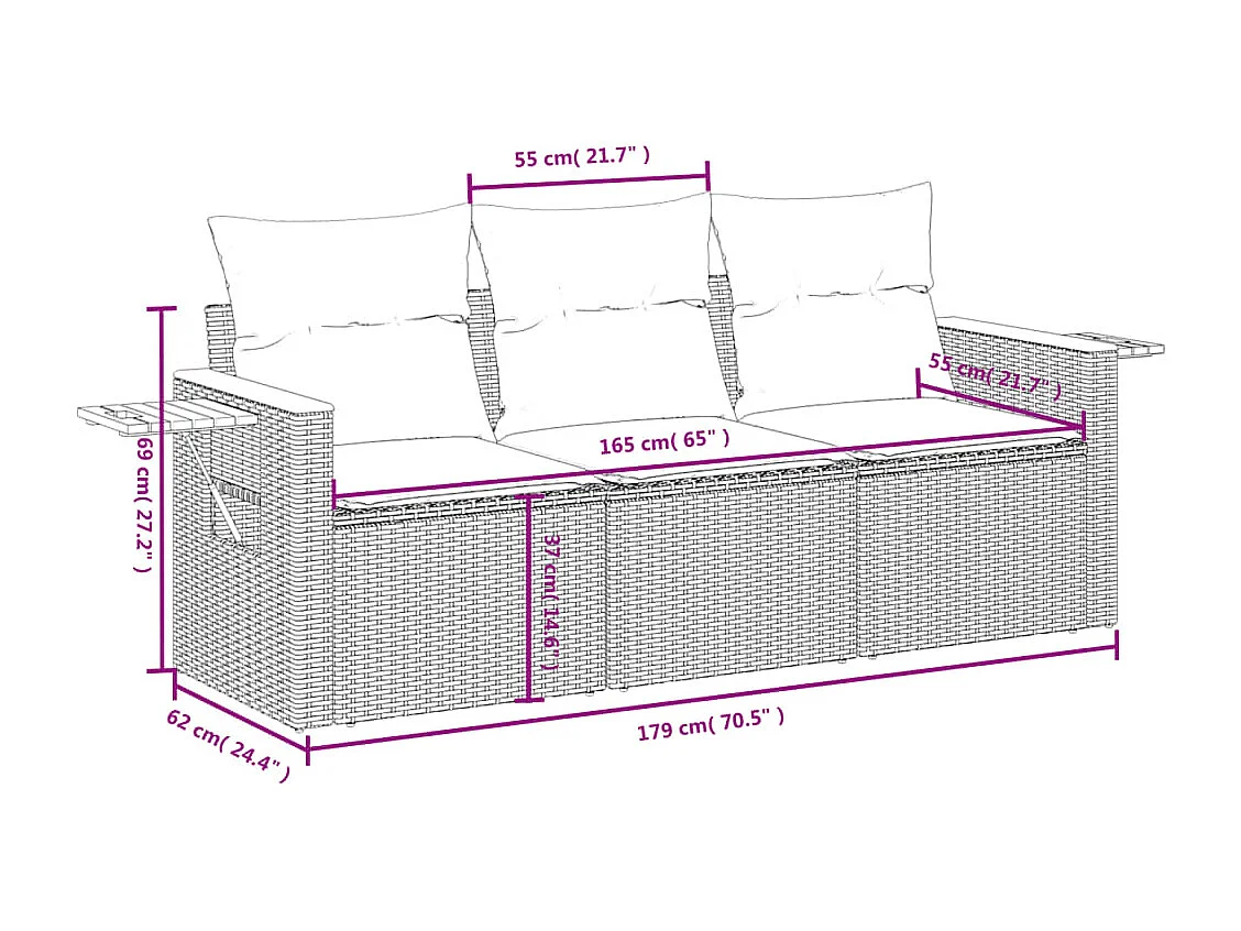 3 pcs conjunto de sofás p/ jardim com almofadões vime PE bege PT798042