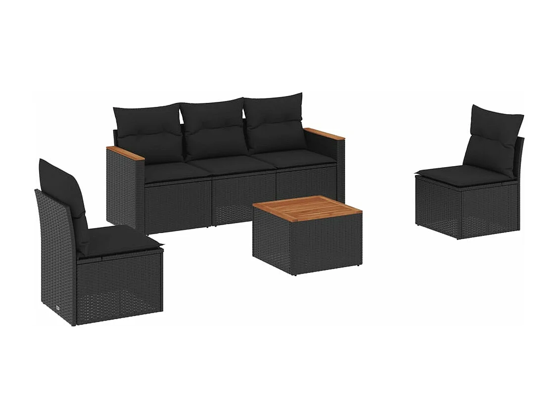 6 pcs conjunto sofás de jardim c/ almofadões vime PE preto PT511344