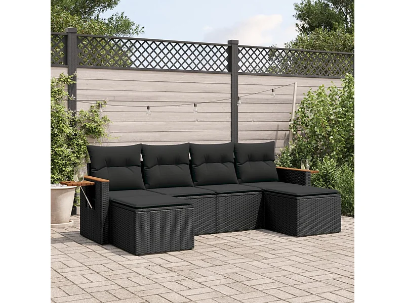 6 pcs conjunto sofás de jardim c/ almofadões vime PE preto PT776604