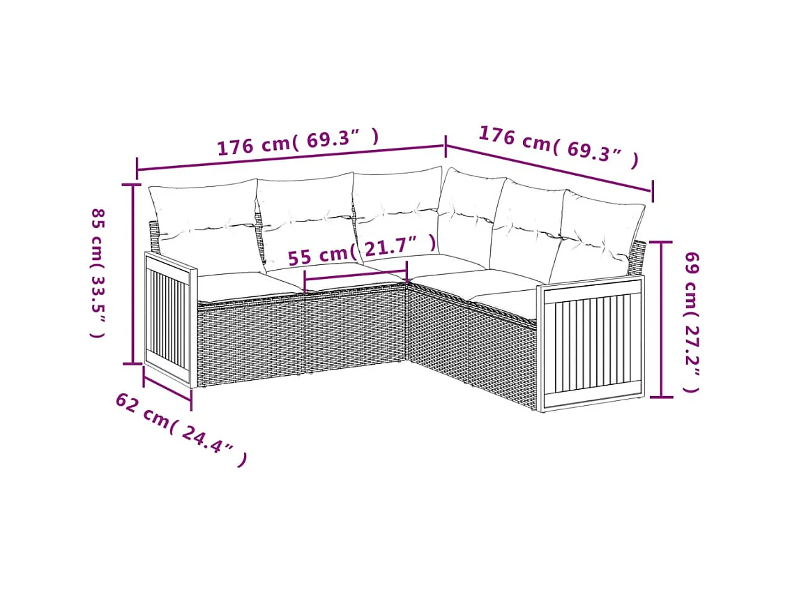 5 pcs conjunto de sofás p/ jardim com almofadões vime PE bege PT398993