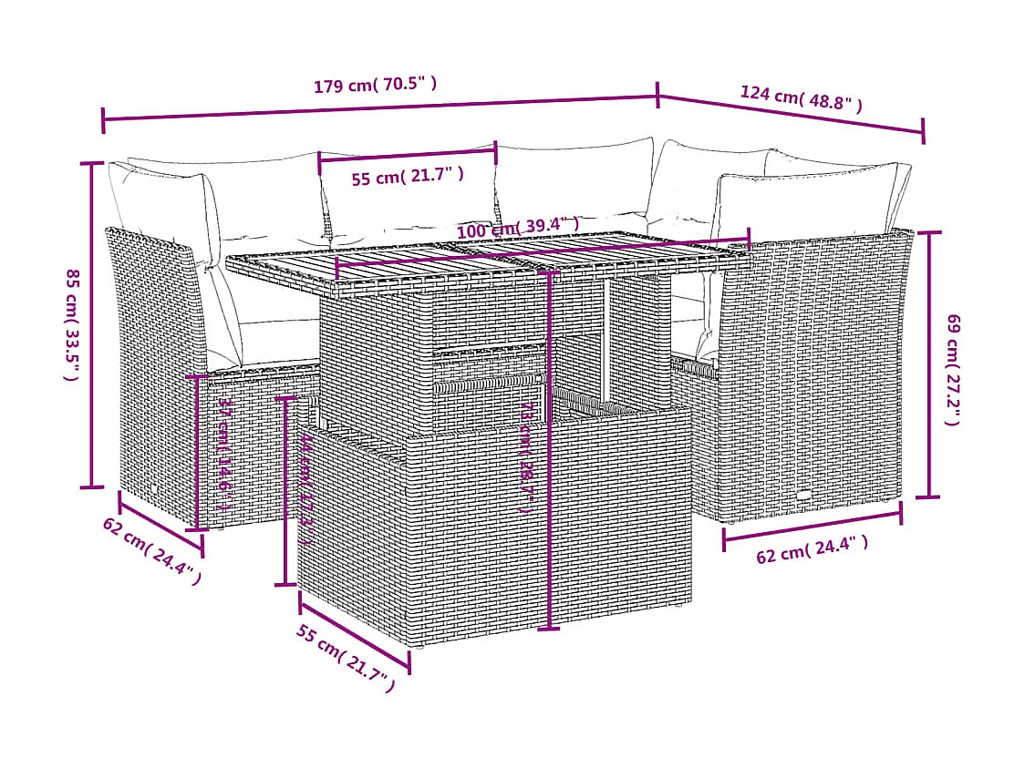 5 pcs conjunto sofás de jardim com almofadões vime PE preto PT236856