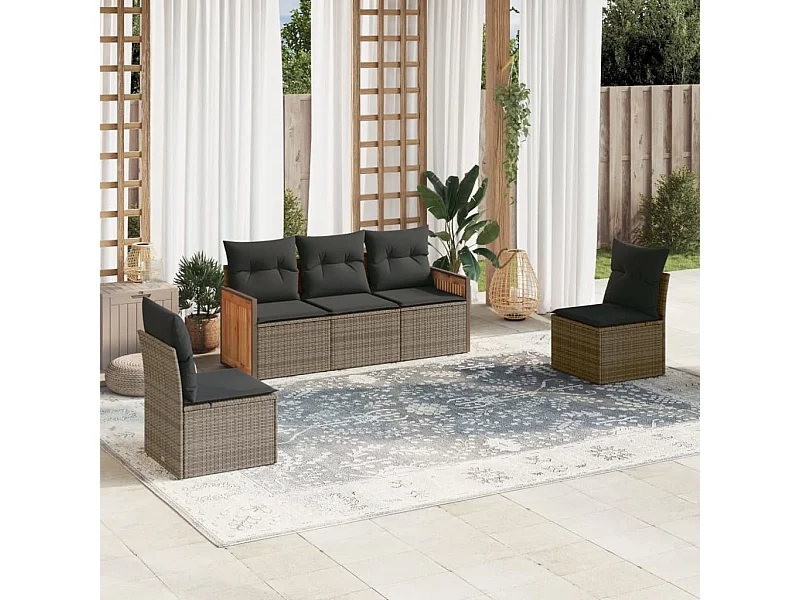 5-delige Loungeset met kussens poly rattan grijs BE106828