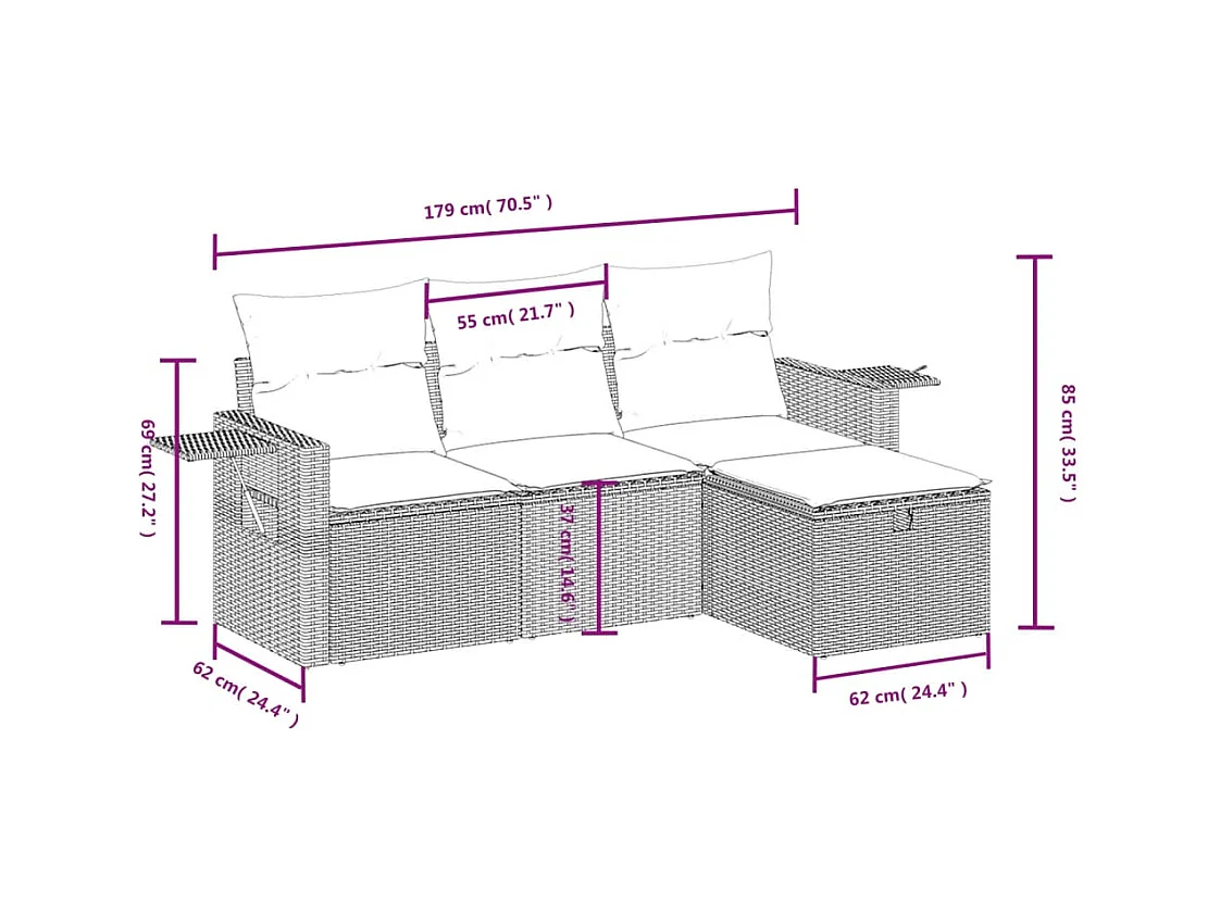 Salon de jardin 4 pcs avec coussins marron résine tressée FR15718