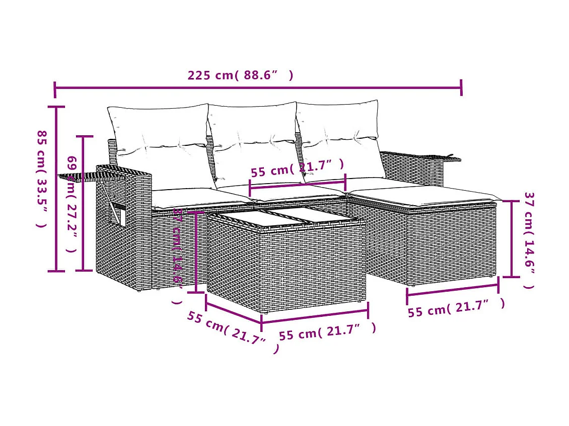 Salon de jardin 4 pcs avec coussins gris résine tressée FR87132