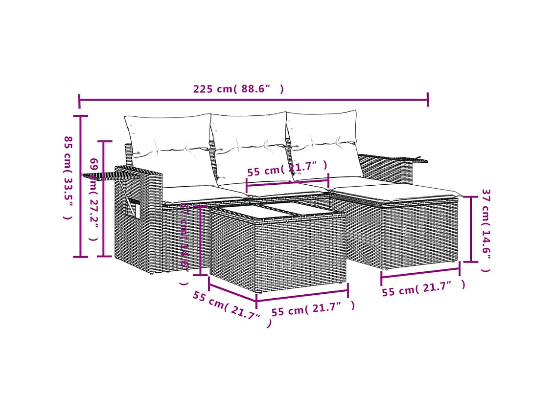 Salon de jardin 4 pcs avec coussins gris résine tressée FR87132