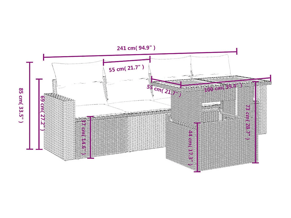 5 pcs conjunto de sofás p/ jardim com almofadões vime PE bege PT131660