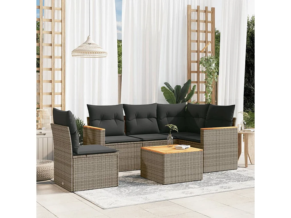 6 pcs conjunto sofás de jardim com almofadões vime cinzento PT502304