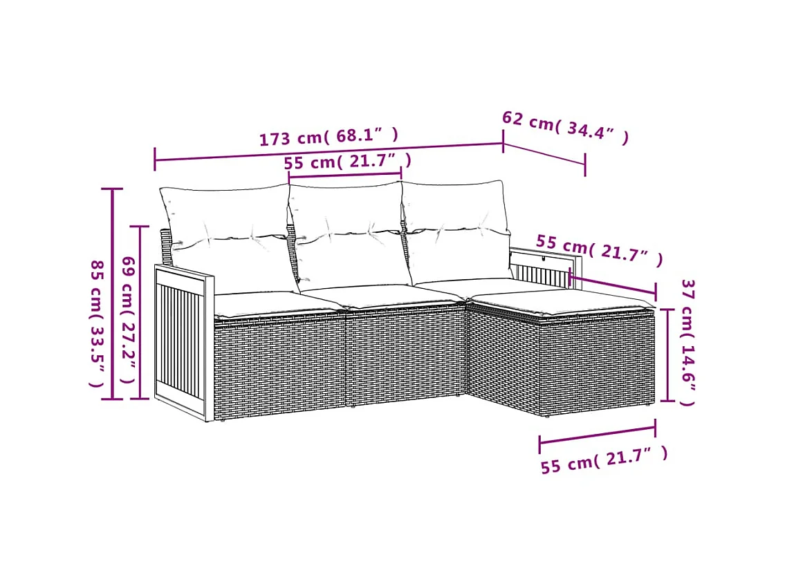 4-delige Loungeset met kussens poly rattan beige BE439845