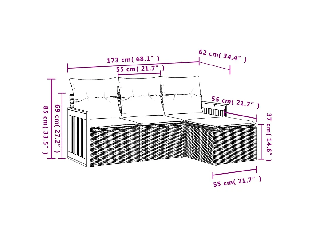 4-delige Loungeset met kussens poly rattan beige BE439845