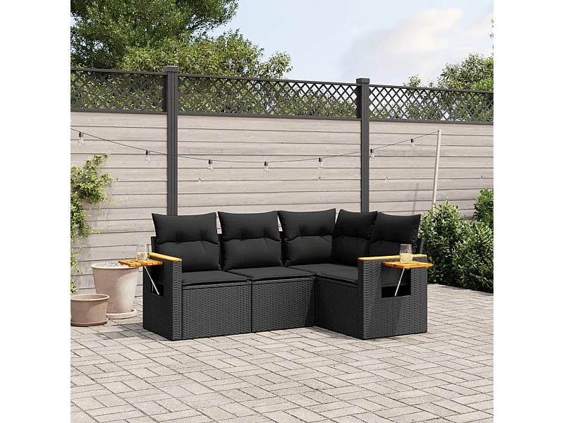 Salon de jardin 4 pcs avec coussins noir résine tressée FR68738