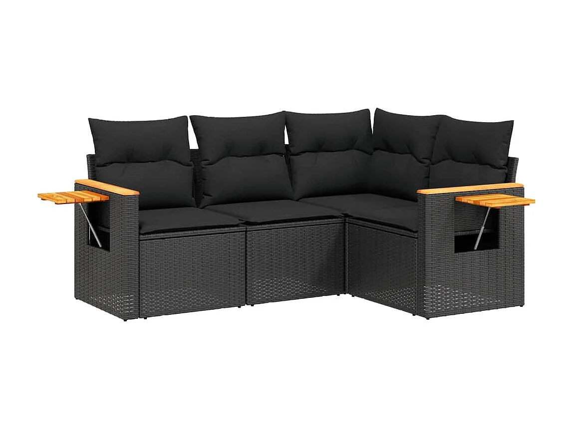 Salon de jardin 4 pcs avec coussins noir résine tressée FR68738