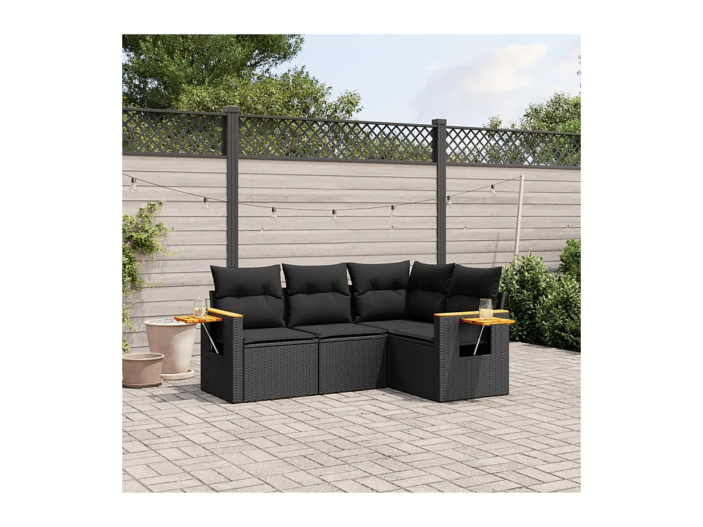 Salon de jardin 4 pcs avec coussins noir résine tressée FR68738