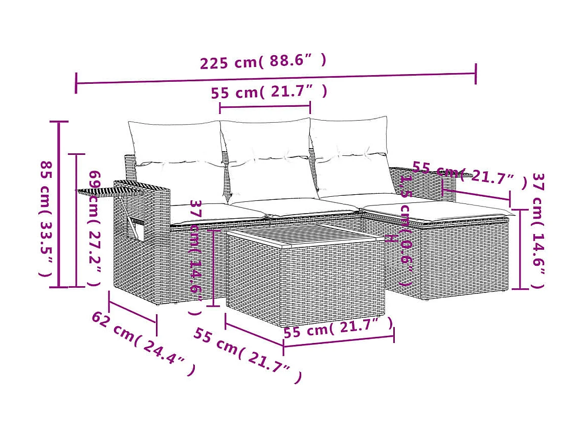 5 pcs conjunto sofás de jardim c/ almofadões vime PE cinzento PT785887