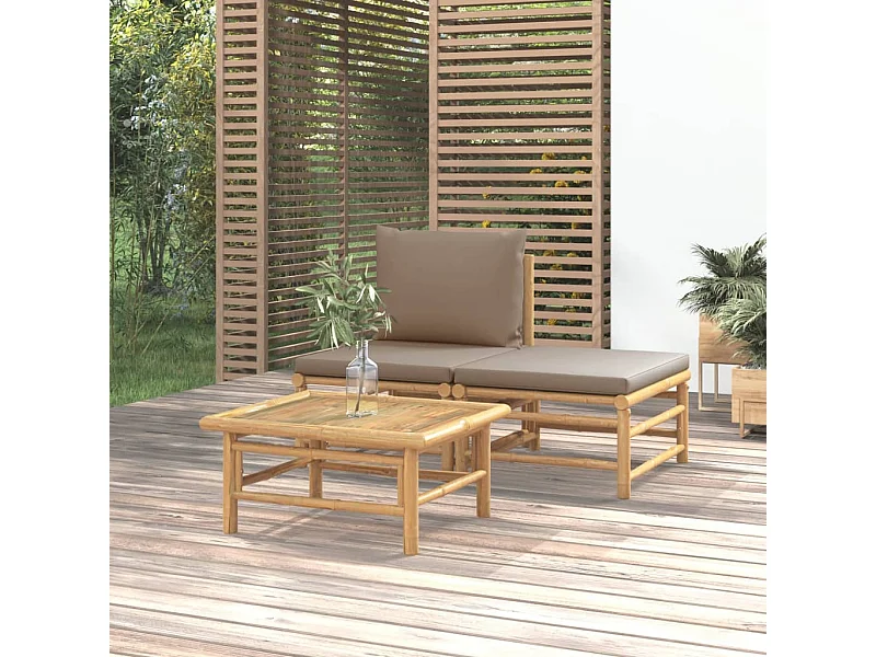 Conjunto de jardín 3 piezas bambú y cojines gris taupe ES431031
