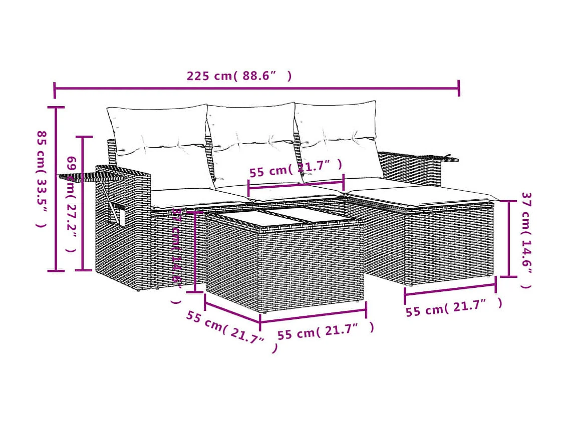Salon de jardin 4 pcs avec coussins marron résine tressée FR97588