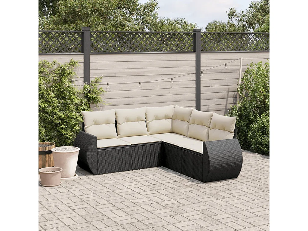 5-delige Loungeset met kussens poly rattan zwart BE788391