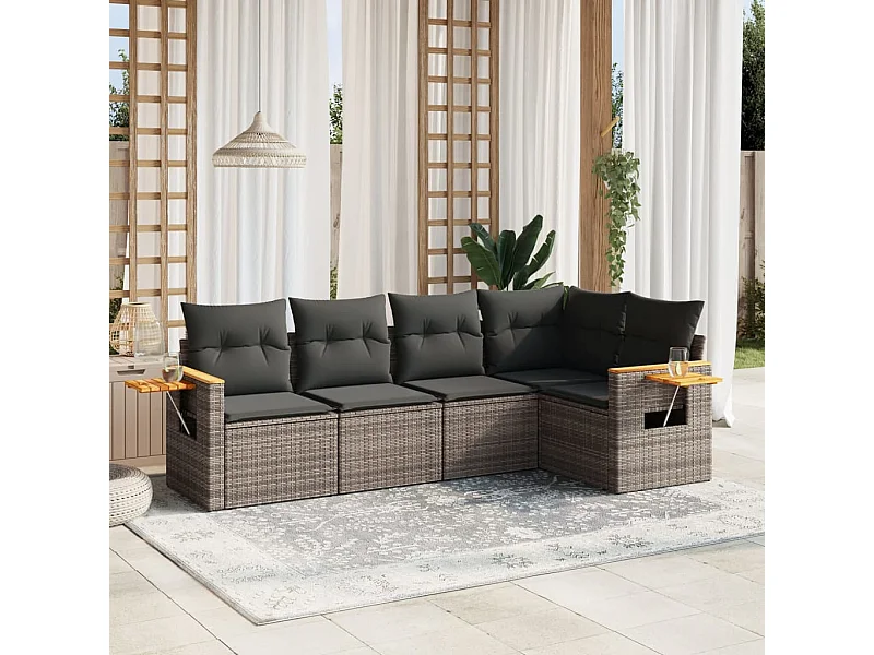 Salon de jardin 5 pcs avec coussins gris résine tressée FR78806