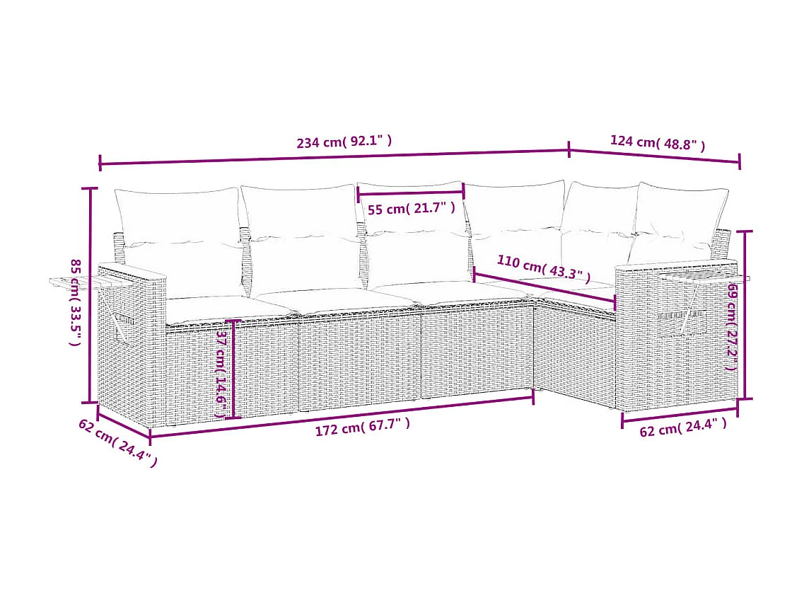 Salon de jardin 5 pcs avec coussins gris résine tressée FR78806