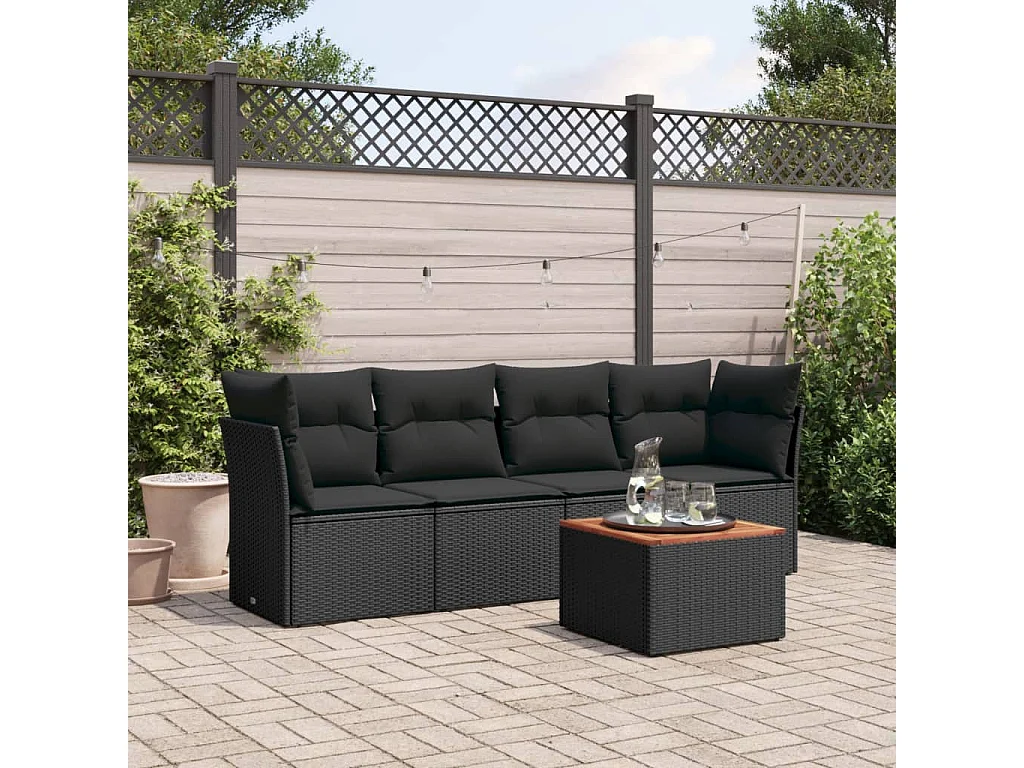 Salon de jardin 5 pcs avec coussins noir résine tressée FR24666