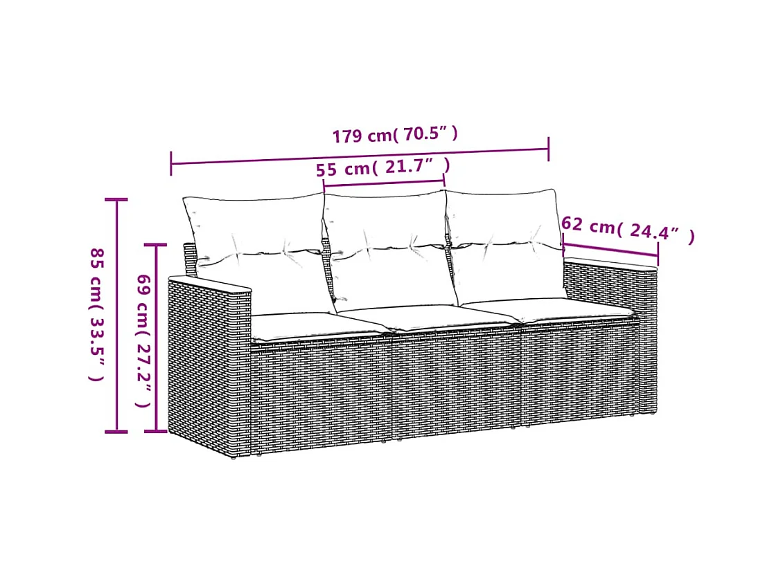 Salon de jardin avec coussins 3 pcs beige résine tressée FR17741