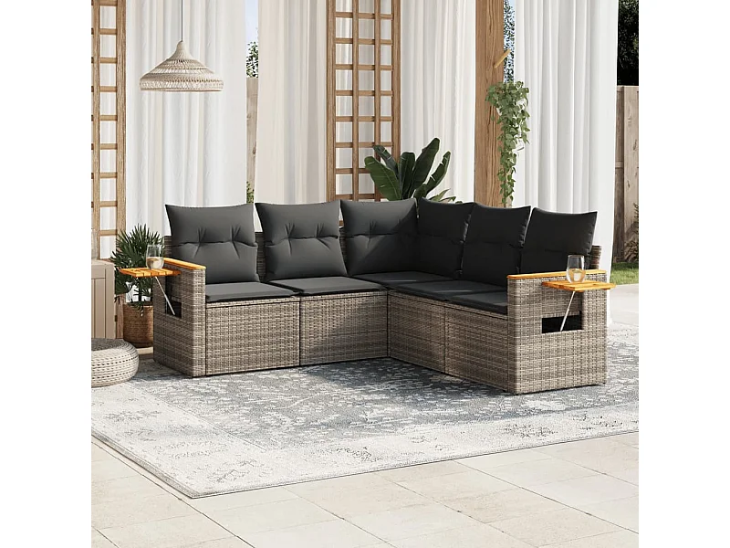 Salon de jardin 5 pcs avec coussins gris résine tressée FR21338