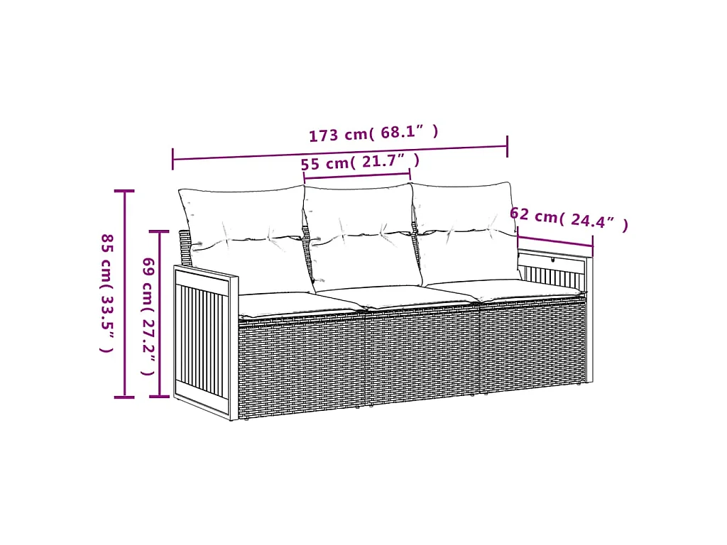 3-delige Loungeset met kussens poly rattan beige BE470383