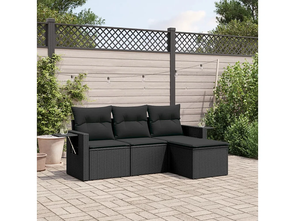 Salon de jardin 4 pcs avec coussins noir résine tressée FR97512