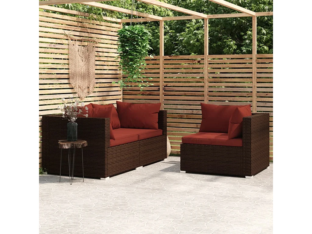 3 pcs conjunto lounge jardim c/ almofadões vime PE castanho PT721245