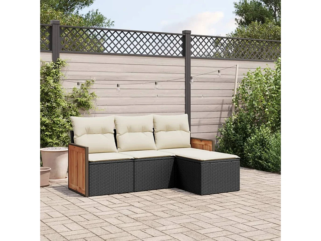 Salon de jardin 4 pcs avec coussins noir résine tressée FR77421