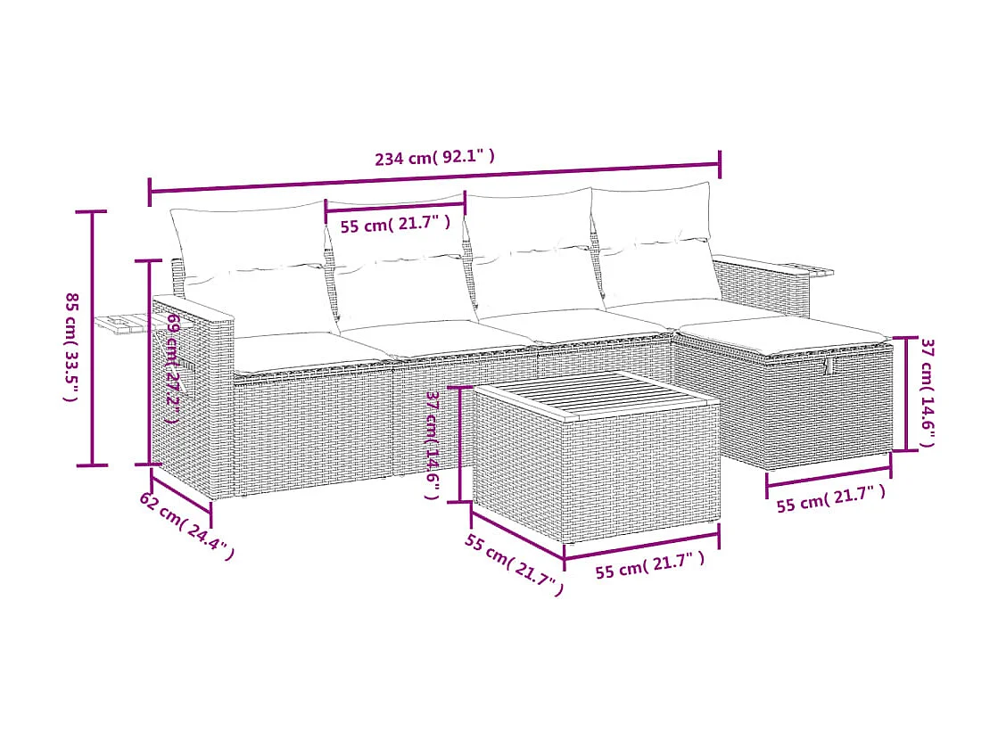 6 pcs conjunto sofás de jardim com almofadões vime cinzento PT303397