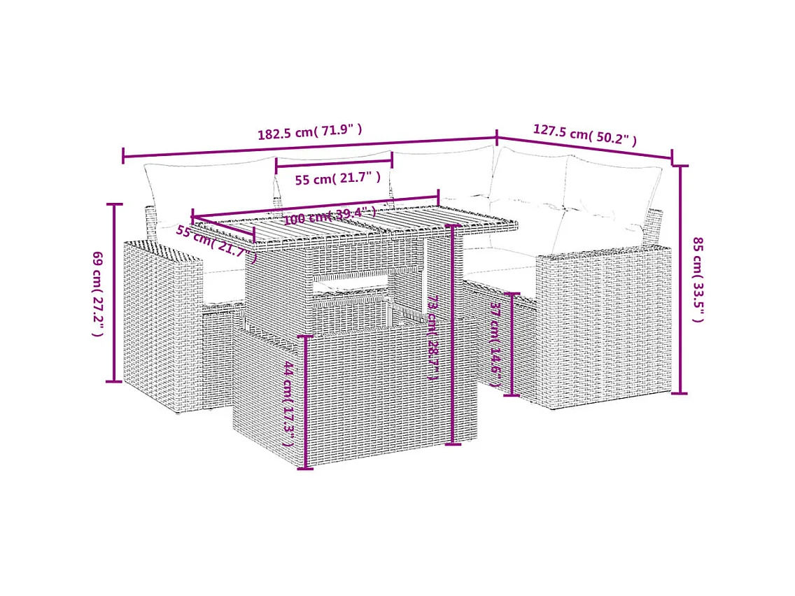 5 pcs conjunto sofás de jardim com almofadões vime PE preto PT701036