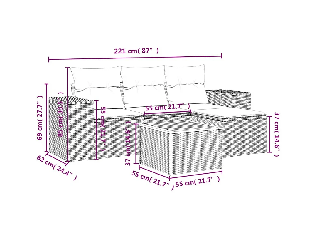 5 pcs conjunto sofás de jardim c/ almofadões vime PE cinzento PT301364