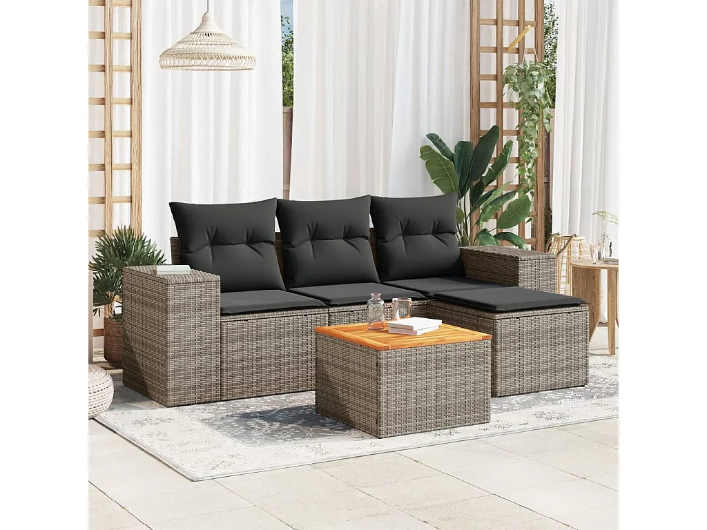 Conjunto de jardín con cojines 5 pzas ratán sintético gris ES254377