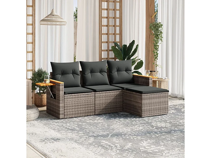Salon de jardin 4 pcs avec coussins gris résine tressée FR47442
