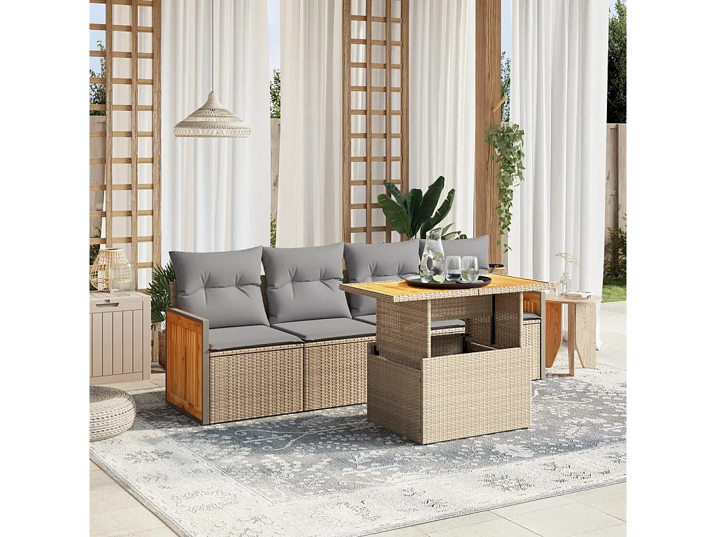 5 pcs conjunto de sofás p/ jardim com almofadões vime PE bege PT670574