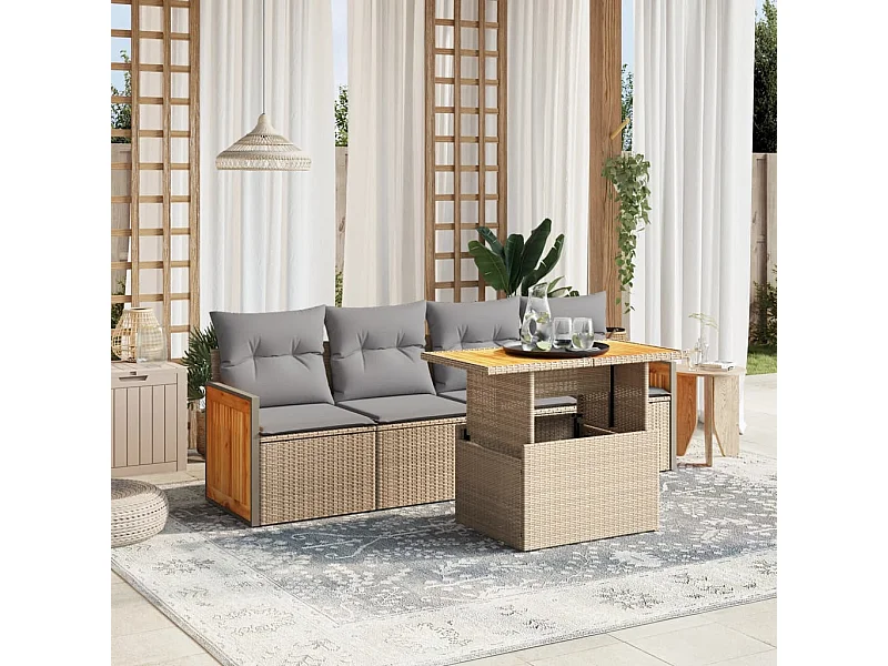 5 pcs conjunto de sofás p/ jardim com almofadões vime PE bege PT670574