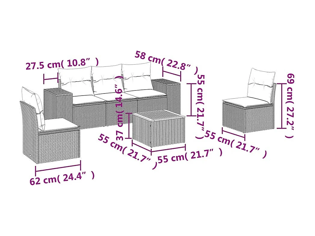 6 pcs conjunto sofás de jardim com almofadões vime cinzento PT320876