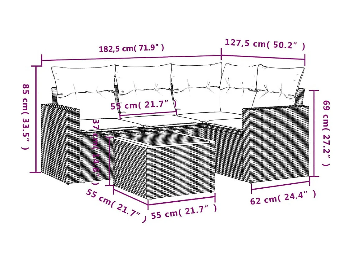 Salon de jardin 5 pcs avec coussins gris résine tressée FR23431