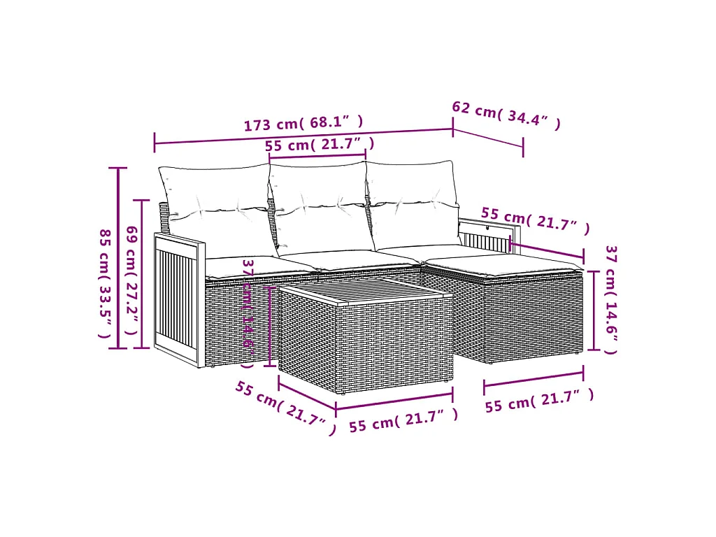 Salon de jardin 5 pcs avec coussins noir résine tressée FR42304